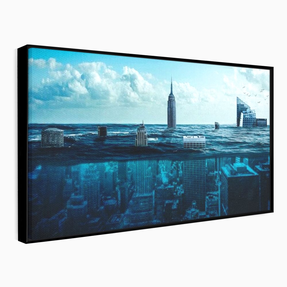 Tablou canvas cu ilustratie digitala cu oras scufundat in ocean, in rama de aluminiu negru